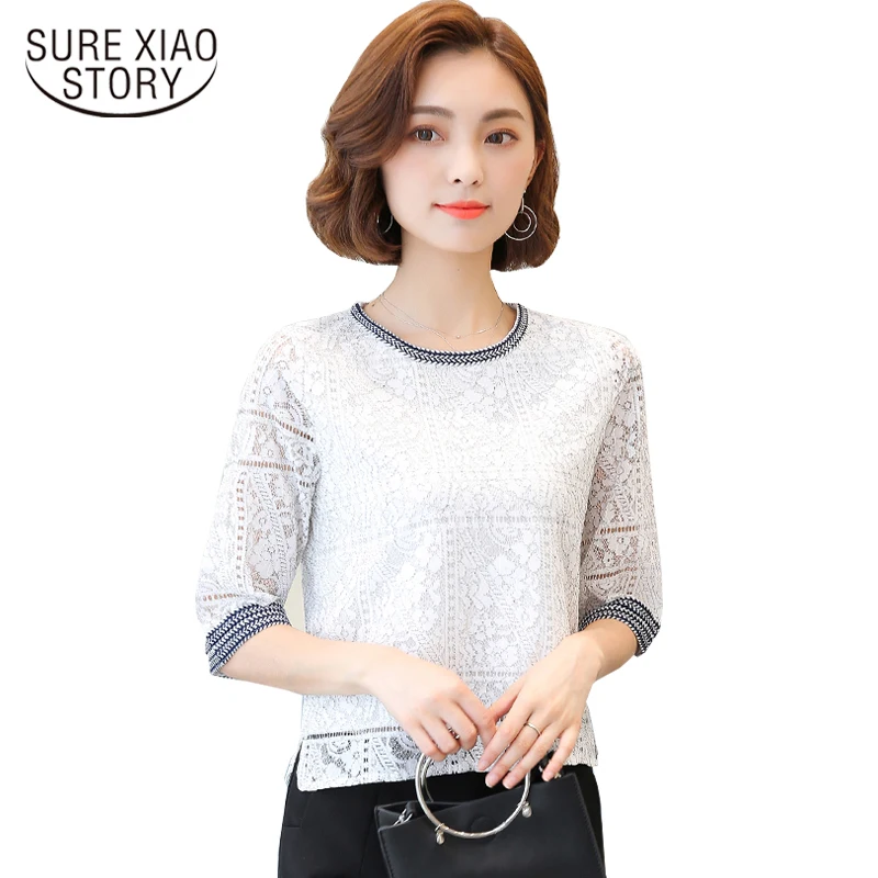 2019 лето с круглым вырезом размер плюс новая модная кружевная женская рубашка