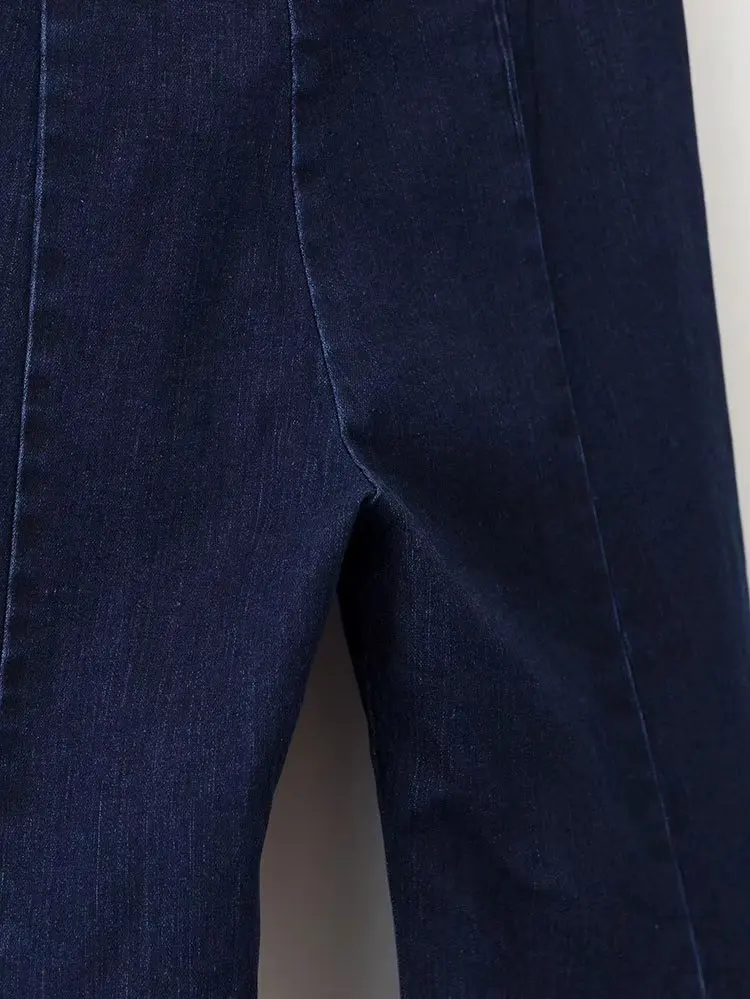 Винтажные эластичные расклешенные джинсы с низкой талией, женские обтягивающие джинсы в стиле ретро, женские темно-синие широкие джинсовые штаны
