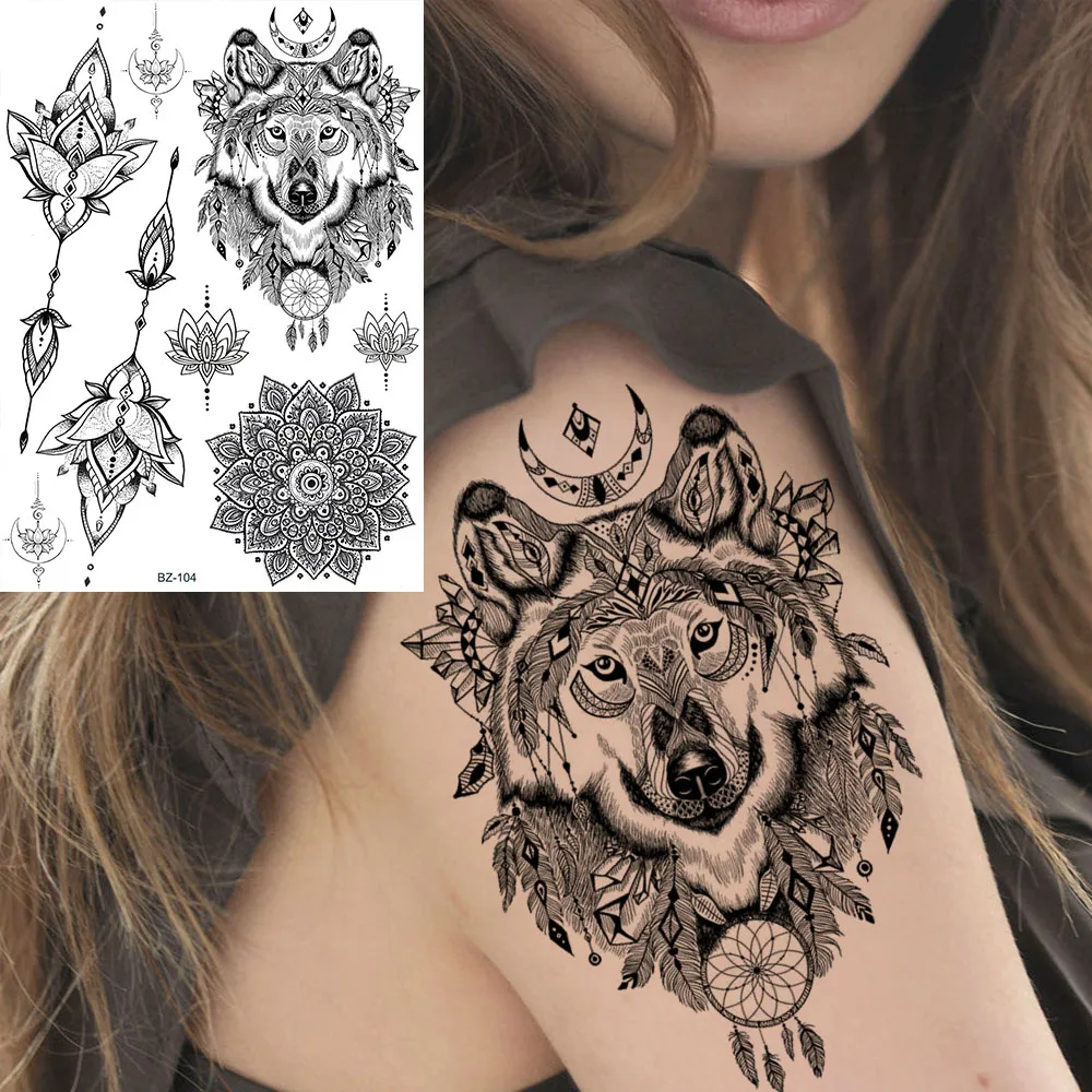Black India Wolf Totem Mandala Henna Arm Flower Fake Tattoos Stickers Women Body Arm Temporary Tattoo Arrows Custom Lace Tatoos