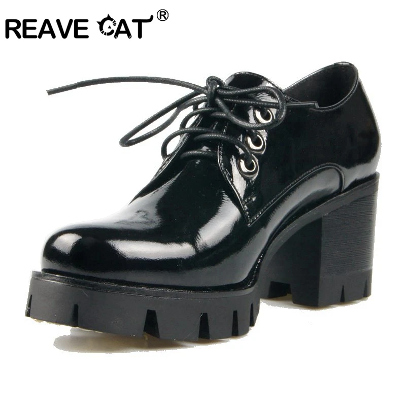 Женские туфли на высоком каблуке REAVE CAT черные из натуральной кожи с круглым