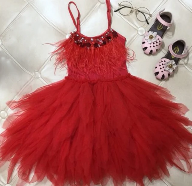 Red Kids Dress For Girls Flower Girl Fashion Feather Tassels Girls Wedding Party Girls Princess Dresses Clothes 2-10 Yrs - Цвет: Red