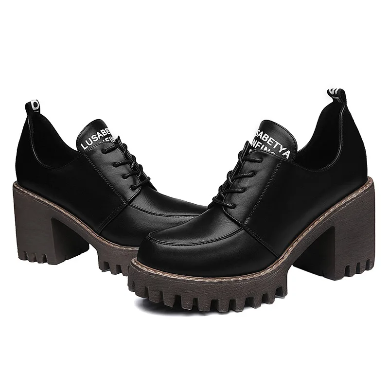 Женские туфли Весна Осень 2017 новые толстые на высоком каблуке маленькие кожаные