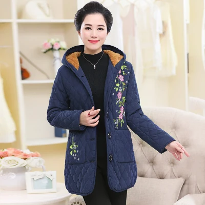Navy Новая женская одежда с вышивкой для мамы плюс бархатная куртка новая мода длинный рукав для среднего возраста толстое пальто с капюшоном парки H792 - Цвет: Navy