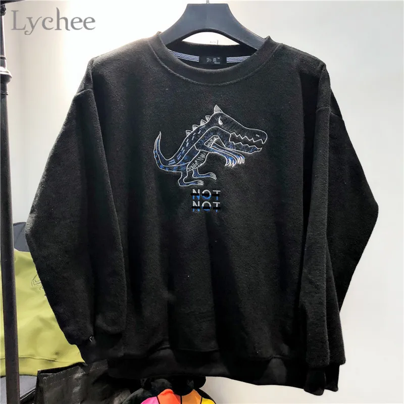 

Lychee Harajuku Dinosaur Embroidery Women Sweatshirt Long Sleeve Autumn Casual Loose Female Pullovers