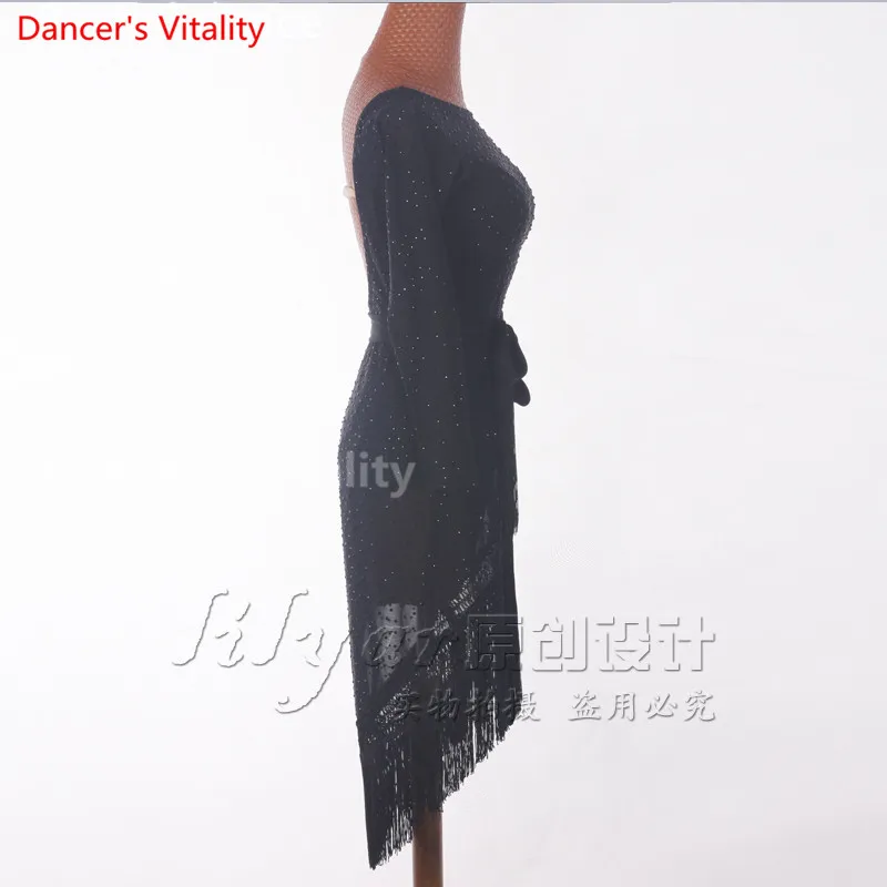 Женское платье для латиноамериканских танцев с кисточками и стразами|latin dance dress
