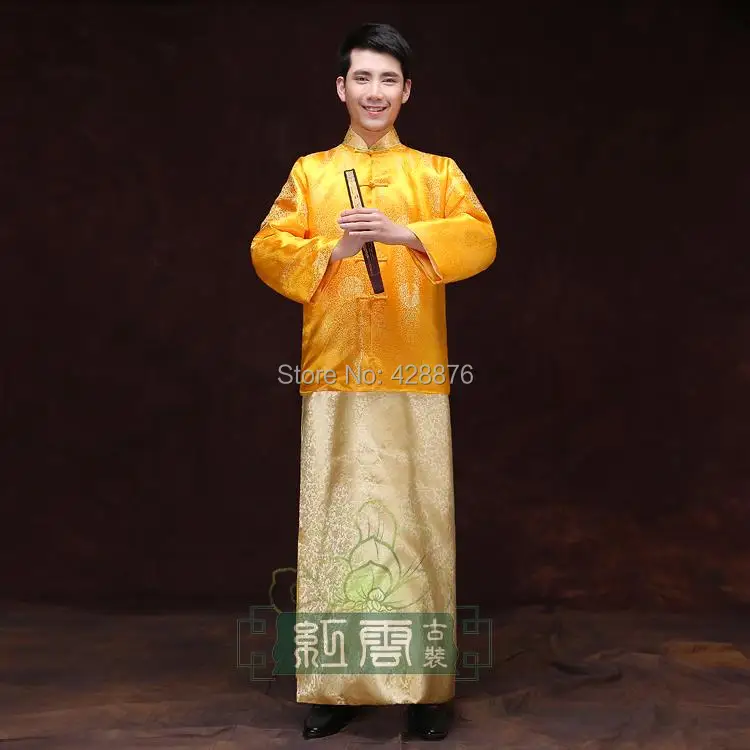 

Yellow Robe Chinese ancient long gown clothing costume Ancient Mandarin Boys Robe Long Gown Ip Man Costume Stage Dress