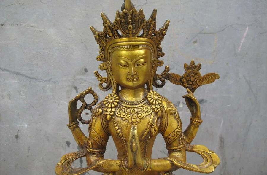 12 &quotТибет Тибетский бронзовая позолота четыре руки Chenrezig Kwan-Yin статуя
