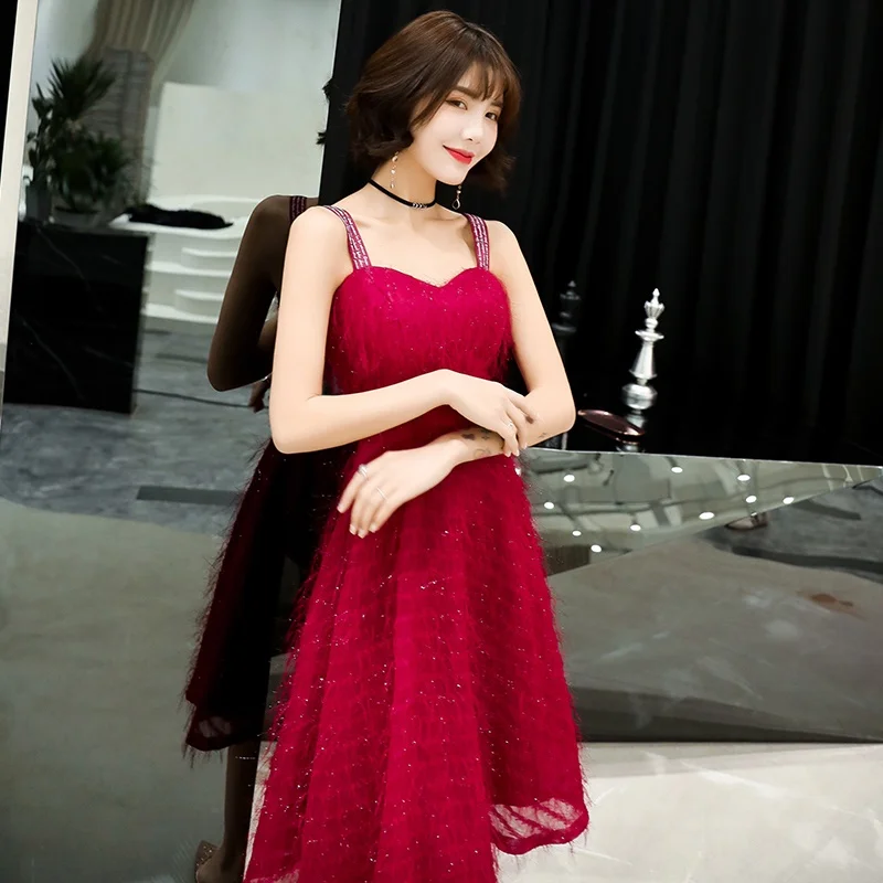 Summer Wedding Party Dress Midi Long Gown Fiesta Vestido Soiree Femme Spaghetti Strap Red Bridesmaid Dresses 2019 New TS1390 | Свадьбы и