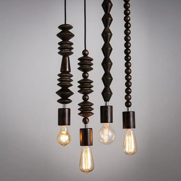 Retro style Oak wood pendant lamp Vintage 100cm cord geometric beads string droplight indoor Light Fixture