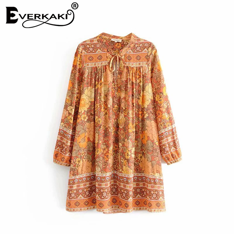 Everkaki короткое бохо платье женское цветочный принт с длинным рукавом модное