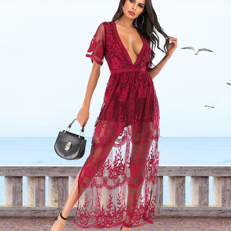 SESOAF Women Sexy Short Sleeve Long Dress Deep V-Neck Lace Romper Hot Selling On Amazon Maxi Party Wedding Vestido | Женская одежда