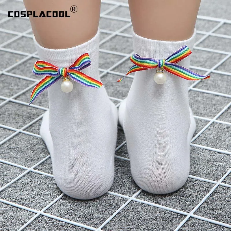 

Носки женские [COSPLACOOL]Harajuku, носки с бантиком радужные, с бантом и жемчужинами