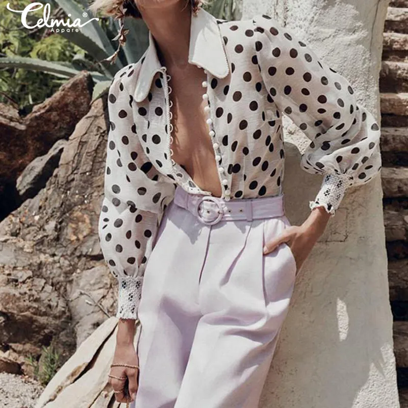 Фото Женская блузка Celmia с волнистыми точками элегантная офисная рубашка отворотом и(China)
