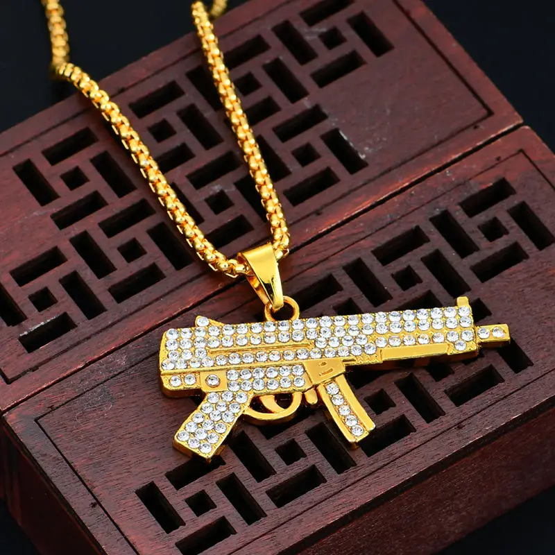 submachine gun Bling bling AK-47 вращающийся пистолет-Пистолет Хип-хоп золото серебро кристалл кулон ожерелье, Льдом Из кубинской цепи ювелирные изделия - Окраска металла: submachine gun