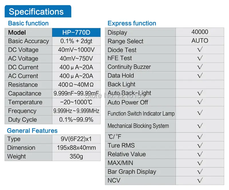 Цифровой мультиметр HoldPeak с автоматическим диапазоном True RMS/частота/температура