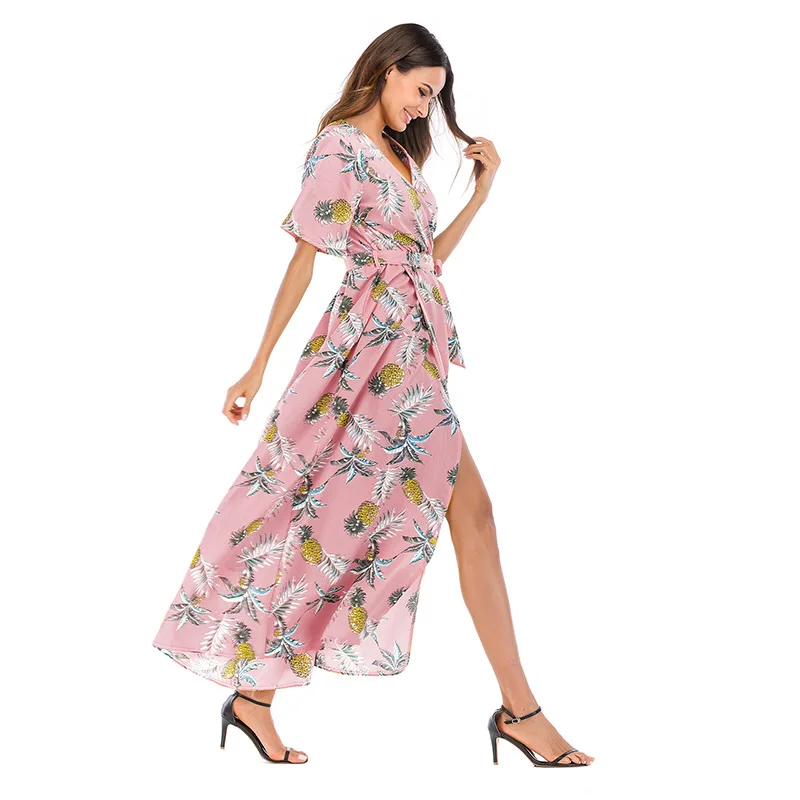 YYFS 2019 New Summer Dress Women Flower Floral Print Chiffon Boho Short Sleeve V neck Beach Party maxi dress women | Женская одежда