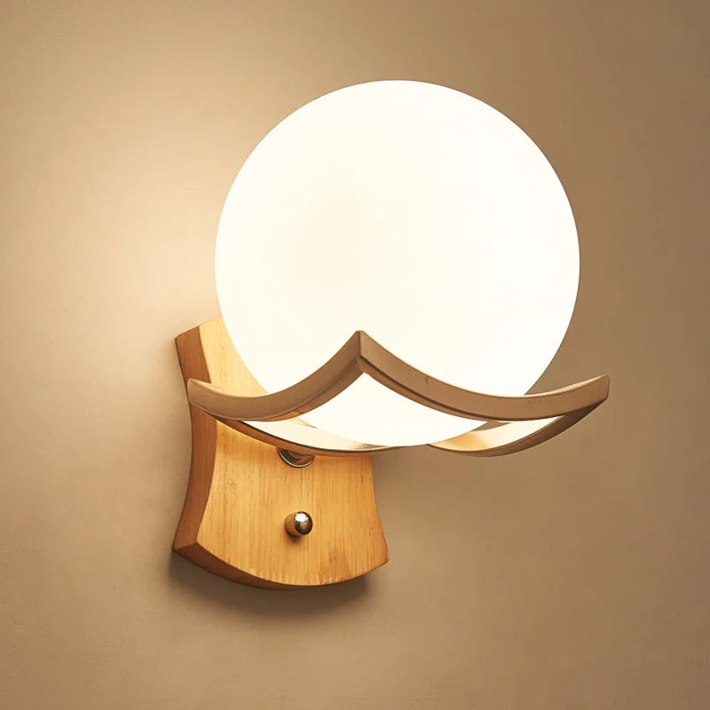 

Nordic Interior Wooden Wall Lamp Moon Wandlamp Bedroom Bedside Luxury Aisle Design Round Modern Glass Ball Led Wall Lights