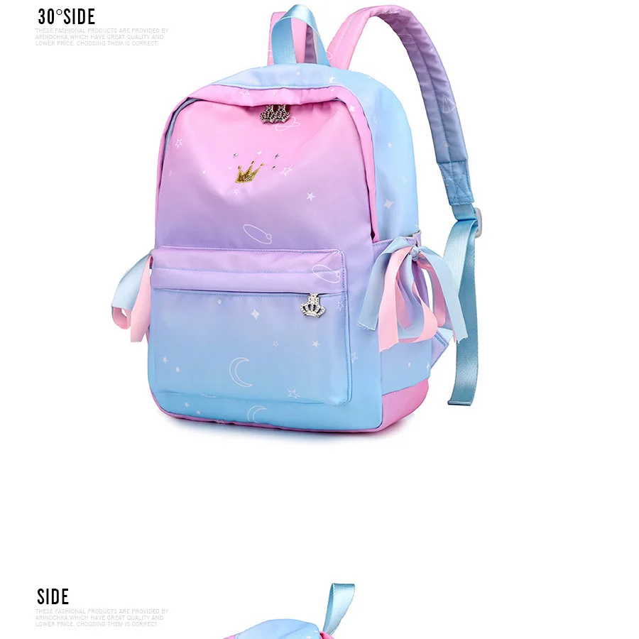 Розовая градиентная цветная печать рюкзак для женщин ленты Bookbag Милая корона вышивка школьная сумка для девочек-подростков Kawaii ранец