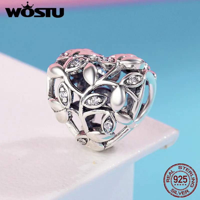WOSTU горячая Распродажа настоящее 925 пробы Дерево листьев сердце Очаровательные