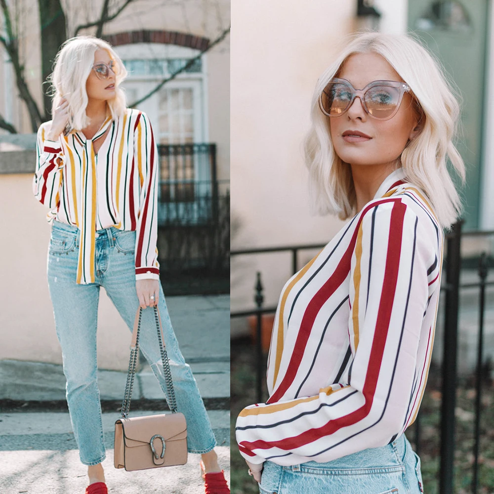 Полосатый лоскутное печати привязан Средства ухода за кожей Шеи бантом блузка 2018