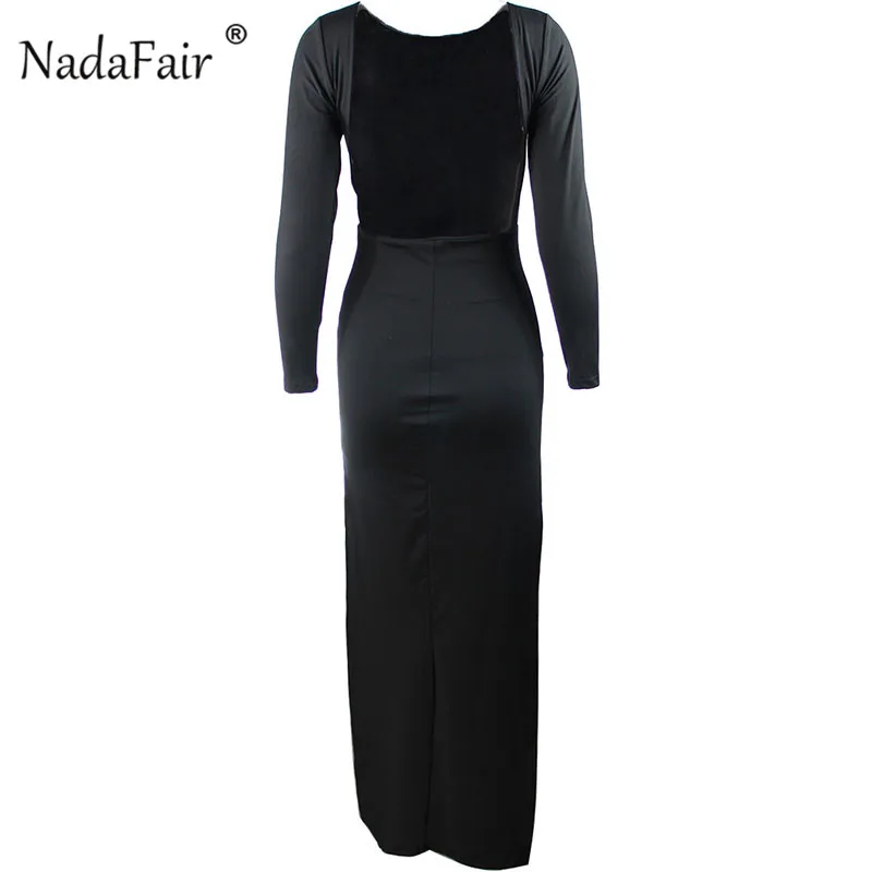 Nadafair, сексуальное вечернее платье с открытой спиной, vestidos, с длинным рукавом, с разрезом сбоку, облегающее платье макси, женское белое, черное, Элегантное Длинное Платье