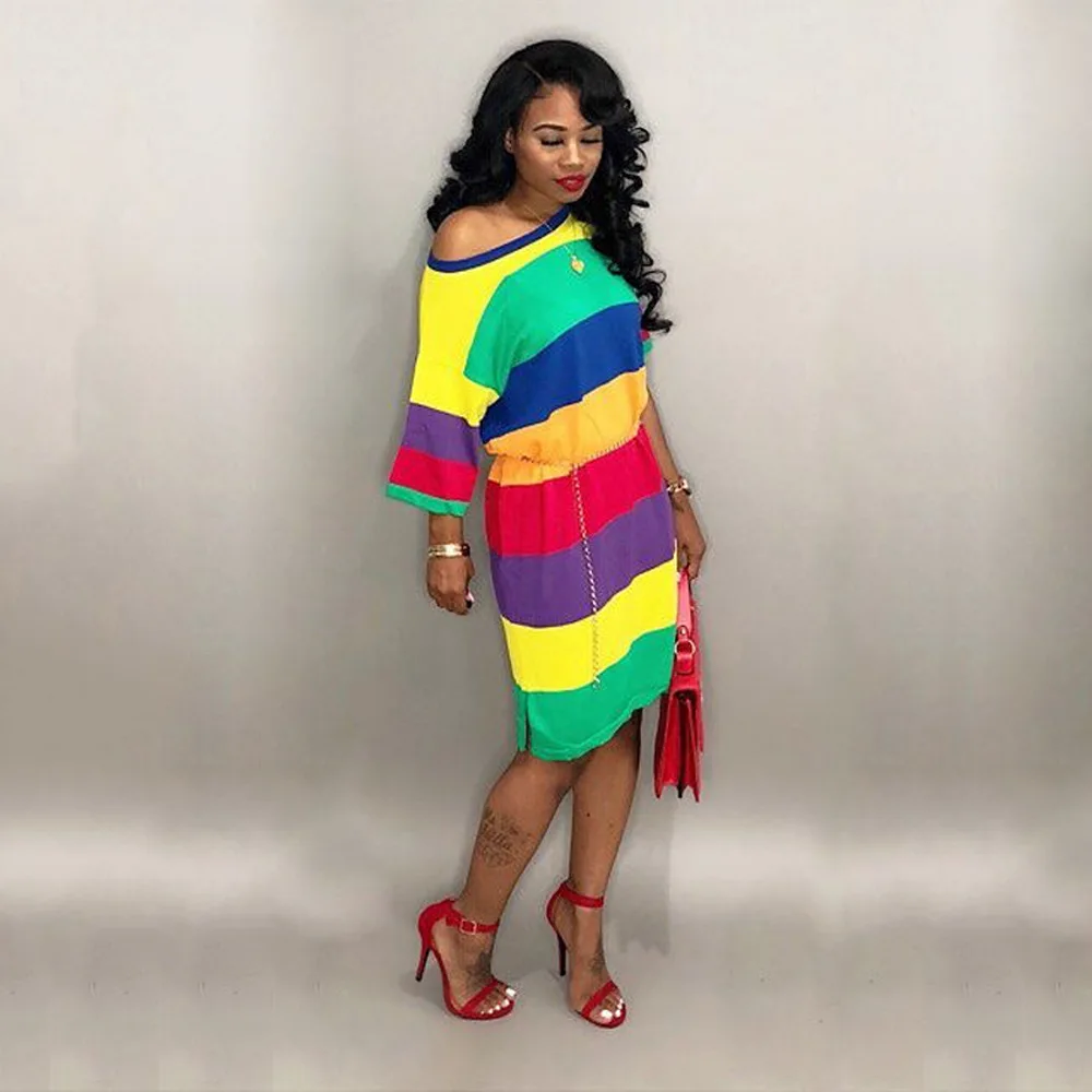 Для женщин сексуальное платье короткий рукав полосатая Радужная прямо мини