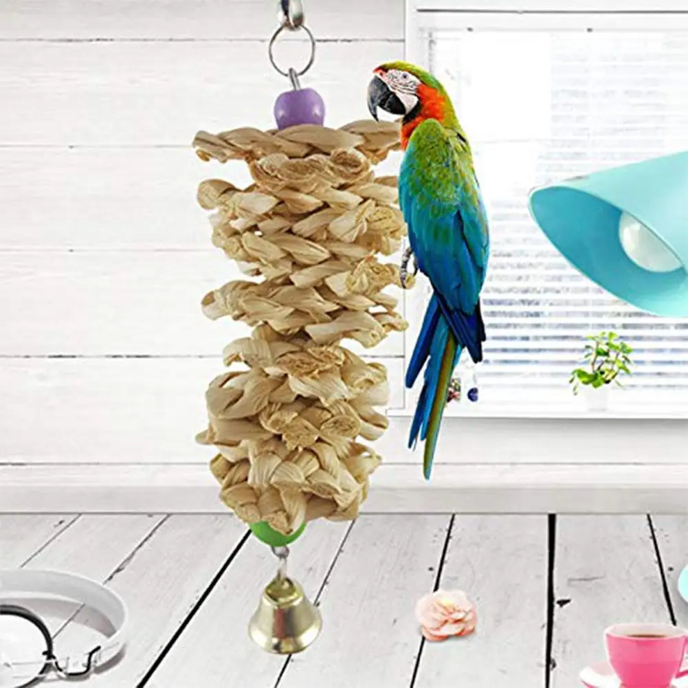 

HobbyLane Bird Parrot Toy with Bell Natural Wooden Grass Chewing Bite Hanging Cage Swing Climb Chew Toys