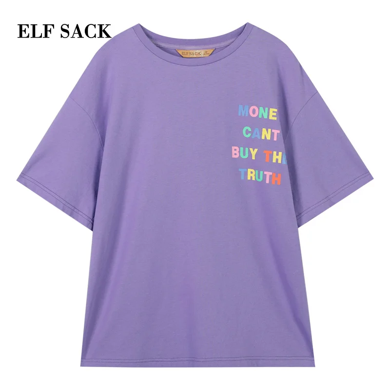 ELF SACK 2019 Spring New Stylish Woman Tshirt Casual Letter Print Cotton Tees Streetwear O-Neck Female Oversized Tshirts Tops | Женская