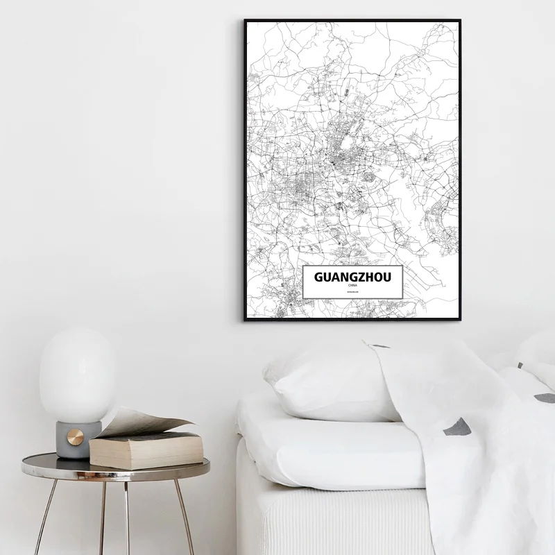 Guangzhou China Black White Custom World City Map Poster Canvas Print Nordic Style Wall Art Home Decor | Дом и сад