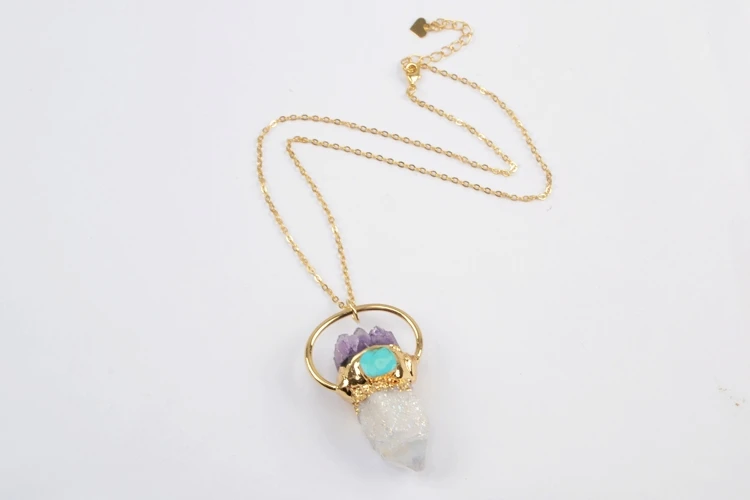 3PCS 30inch Necklace BOROSA 3 шт Новые позолоченные титановые AB друзы кварцевого кристалла точка с бусы из аметиста& Pendants ISES Подвески ручной работы ожерелье G1806 - Metal color: 3PCS 30inch Necklace