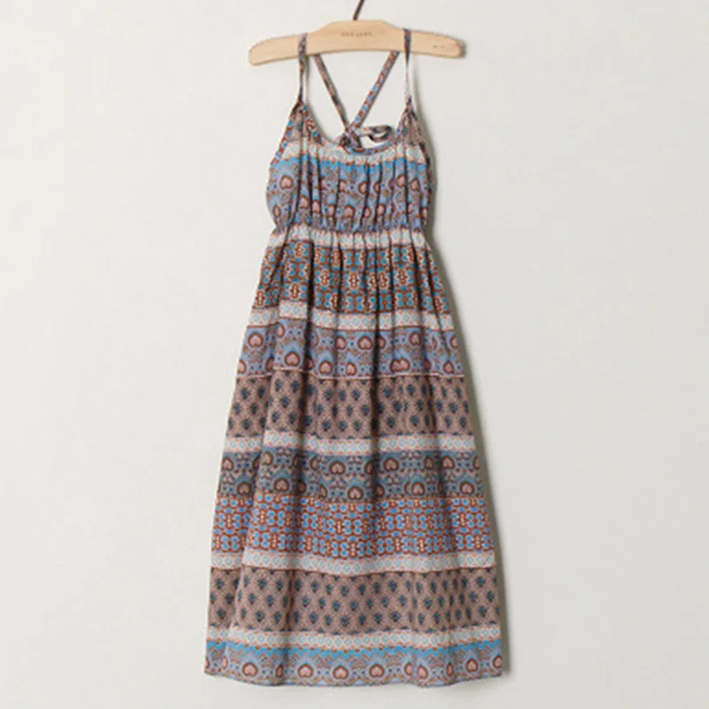 Bear Leader Girls Beach Bohemian Dress New Geometric Pattern Kids Sling-Sleeve Dresses For big children's beach Clothes | Детская