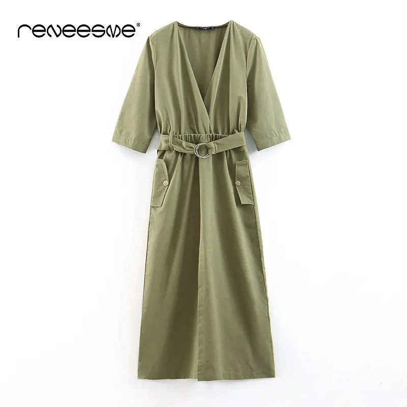 Винтажное женское платье с рукавом средней длины и v образным вырезом однотонное