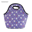 Женская неопреновая сумка для ланча twoheart, фиолетовый термоланчбокс с стоматологическим принтом, милый Ланчбокс, Детская сумка-холодильник для еды для девочек