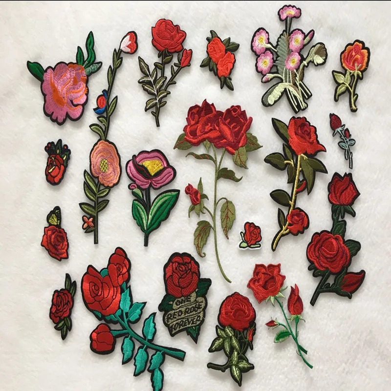 19 шт. без Повторите Красная роза цветок патч Вышивка аппликация Утюг пришить