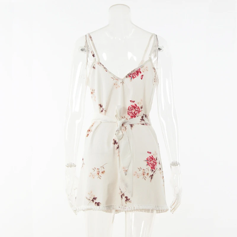 Sexy Backless Boho Summer Dress Women Strap Floral Print V-Neck White Beach Dresses And Tunic 2018 Sundress Sashes Vestidos Mini | Женская