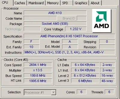 Процессор AMD Phenom II X6 1045 T-HDT45TWFK6DGR 2,7 ГГц шестиядерный процессор Socket AM3