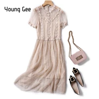 younggee sweet lace floral dress women summer elegant rockabilly evening party midi dresses mesh short sleeve swing robe vestido