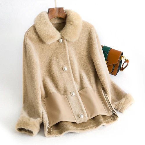 beige Пальто из корейской норки с меховым воротником, шерсть, Женская куртка, осенне-зимняя куртка, женская шуба из овчины, замшевая подкладка ZT1647 - Цвет: beige