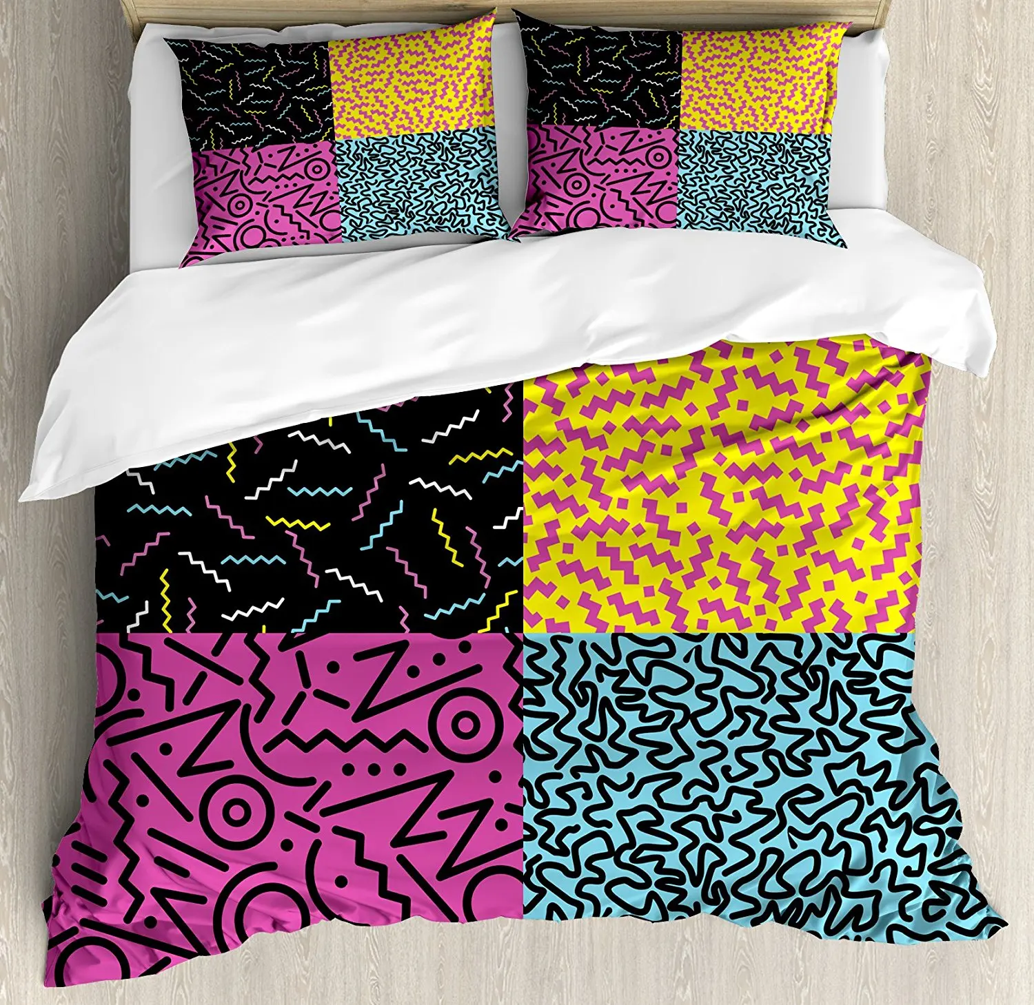 Indie Duvet Cover Set of Vintage Eighties Fashion Style Patterns Colorful Funky Pop Unusual Doodles 4 Piece Bedding | Дом и сад