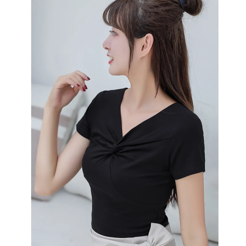 

Sexy V Neck T Shirt Women 2021 Summer Korean Fashion T-shirt Female 100% cotton White black Tshirt Short Sleeve Ladies Tops