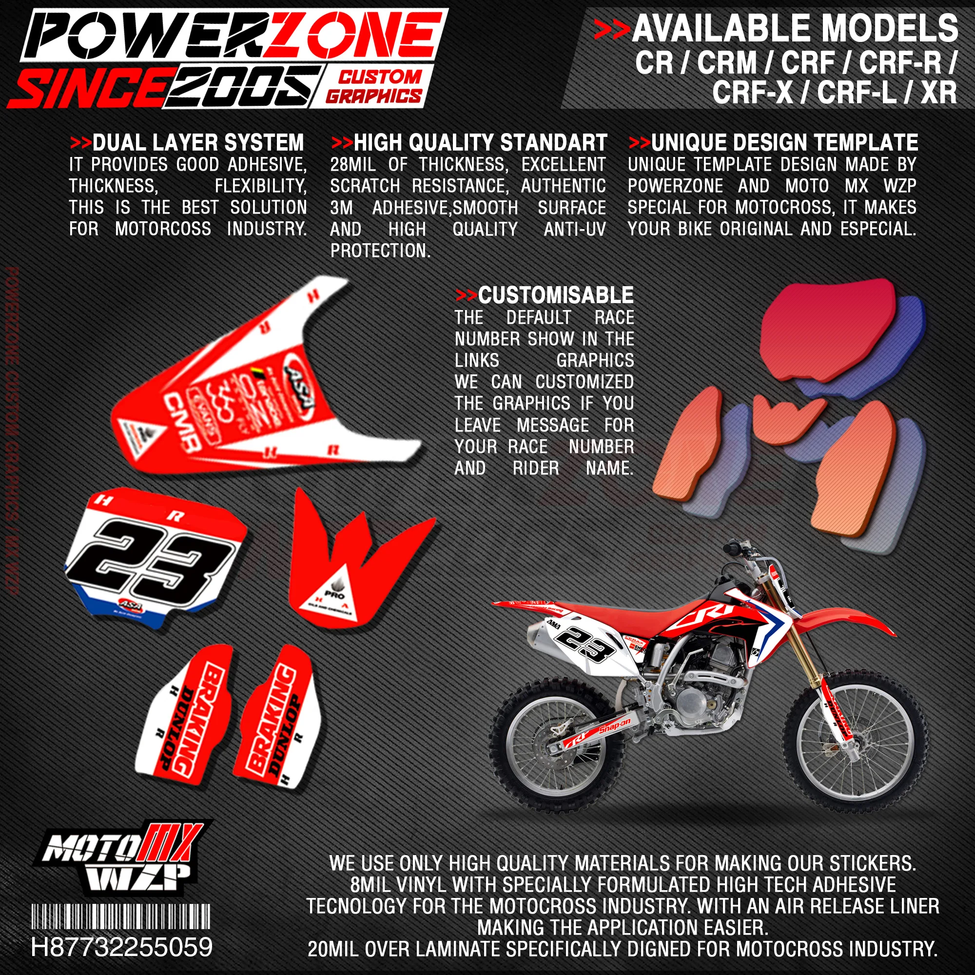 PowerZone Custom Team Graphics Backgrounds Decals 3M Stickers Kit For HONDA CRF250R 2010-2013 CRF450R 2009-2012 059 | Автомобили и