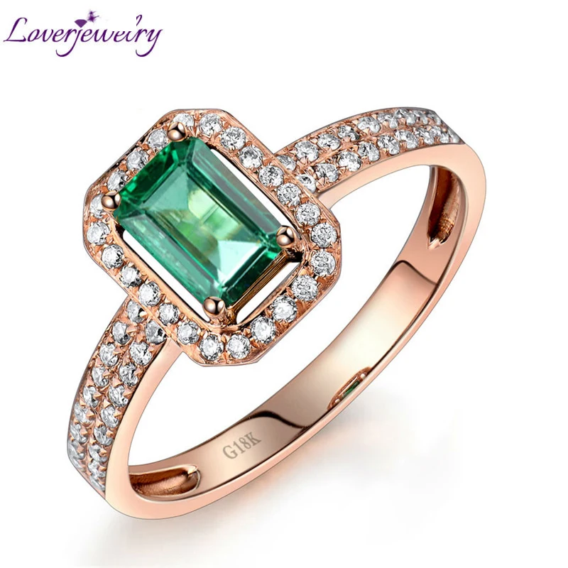 

LOVERJEWELRY Vintage Emerald Ring Women Jewelry Emerald Cut 4x6mm Green Gemstone Diamonds Solid 18Kt Rose Gold Antique Rings