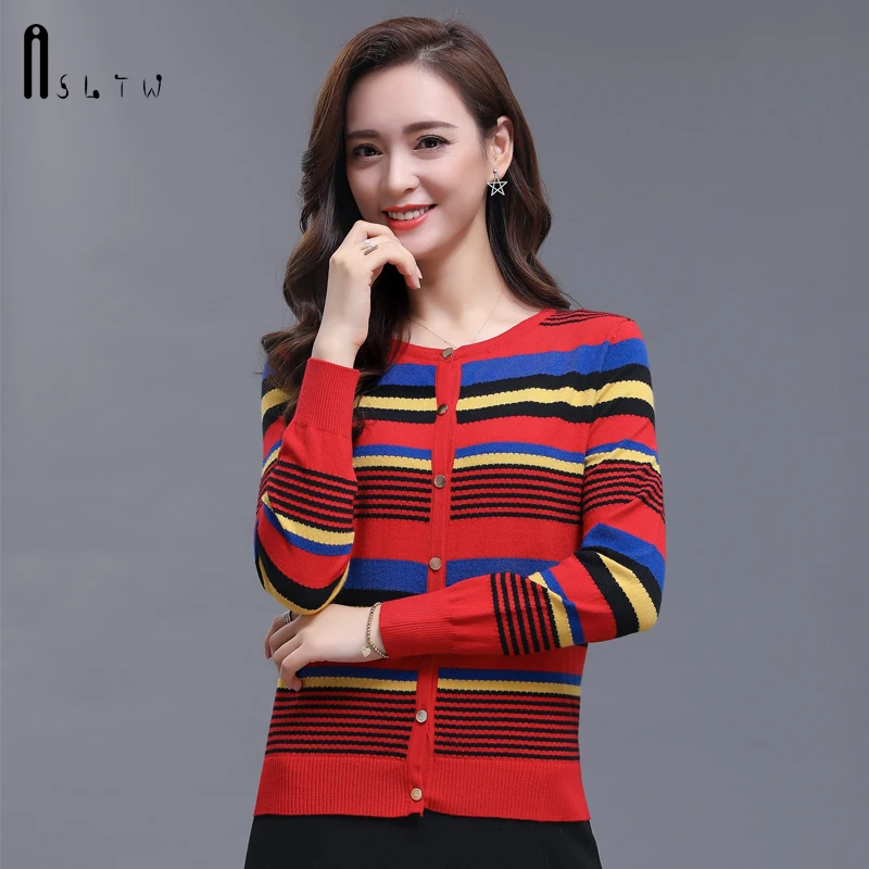 ASLTW Women's Sweater 2019 Spring O Neck Lady's Long Sleeve Single Breasted Stripe Casual New Harajuku Cardigan |