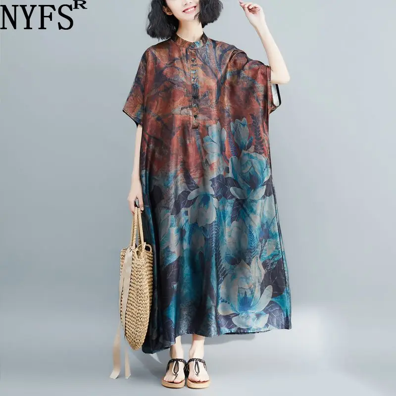 

NYFS 2021 New Summer Dress Vintage Big Size Female Vestido Summer Sundress Loose Print Floral Lady Elegant Long Dress