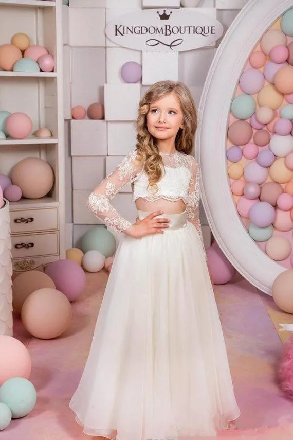 

Two Pieces Flower Girls Dresses For Weddings Jewel Neck Long Sleeves Lace Princess Birthday Dress Children Party Kids Gown