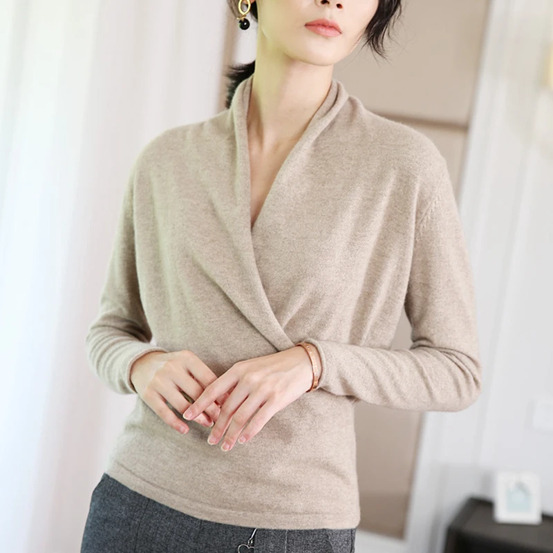 100% Cashmere Sweater Women Simple Design Cross V Neck Long Sleeves 2 Colors Ladies Casual Pullovers Knitwear 2017 New Fashion | Женская