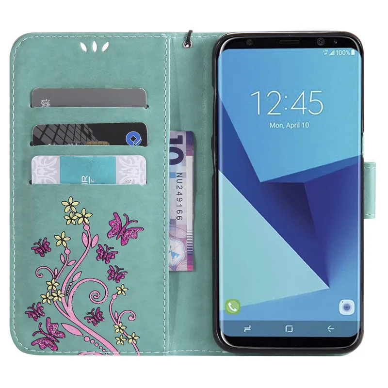 Роскошный кожаный флип чехол с объемным цветком и бабочкой для Samsung Galaxy S3 S4 S5 Mini S6