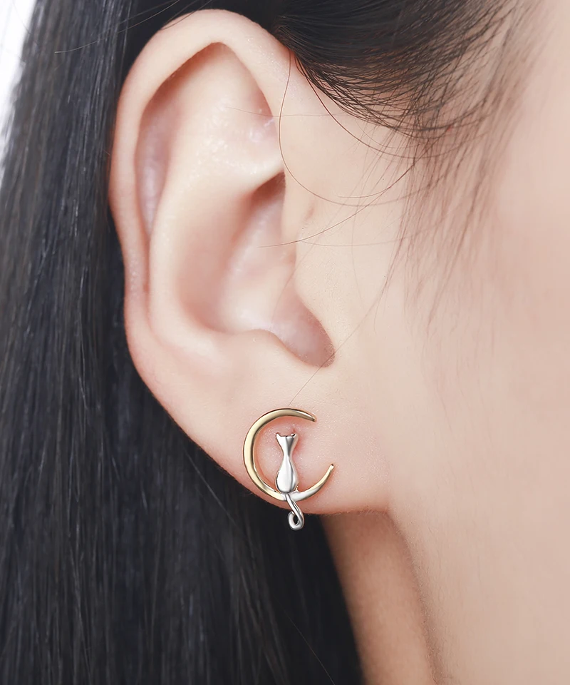 Серьги-пусеты с желтой Луной и кошечкой из стерлингового серебра 925 пробы женские