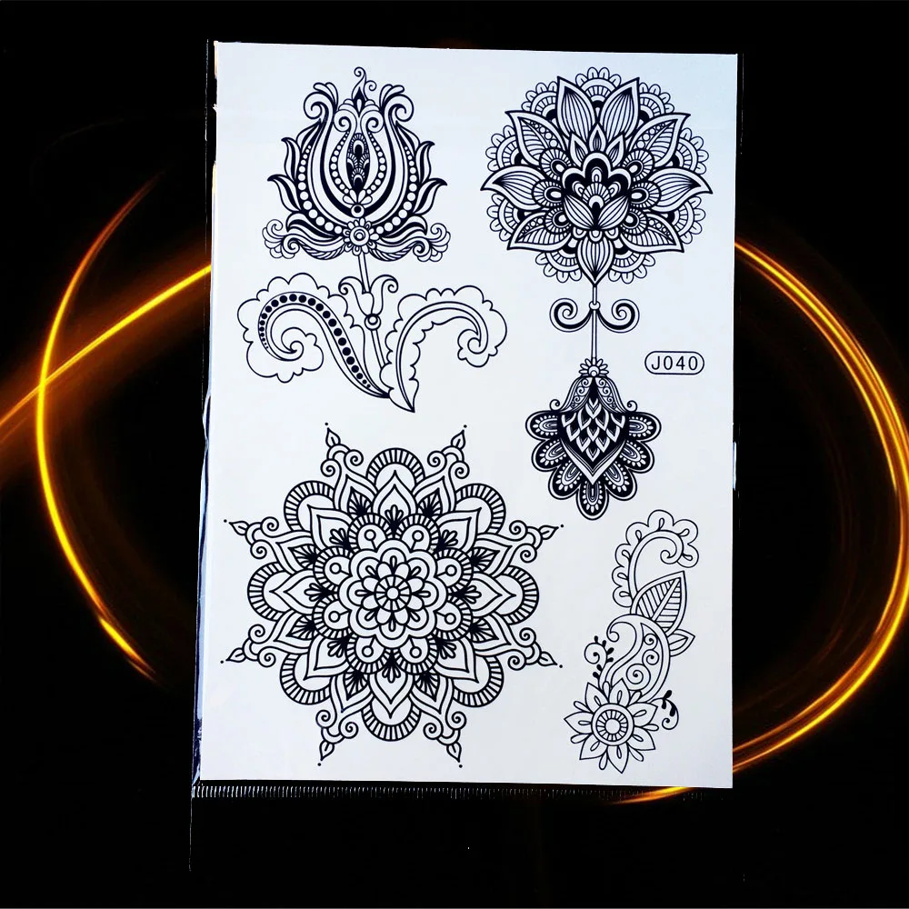 HBJ040 GoldOcean Yantra Мандала черная временная татуировка из хны паста водостойкая поддельная Татуировка наклейка для женщин кружева цветок палец племенная татуировка - Цвет: HBJ040
