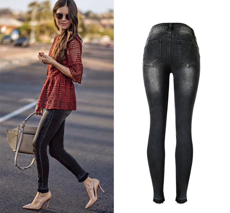 Spring Hole Skinny Casual Pencil Pnats GreyBlack XXL Femme Jeans Vintage Pleated Srcatched Ripped High Waist Zipper Trouser |